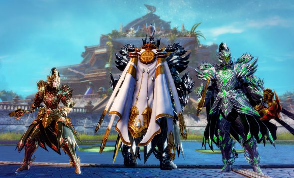 Three characters wearing the Decade armor, one human woman, one norn man, and one sylvari man. The male norn in the middle has his back to the camera and is showing off the Decade cape. The human woman and sylvari man hold Decade weapons in their hands.