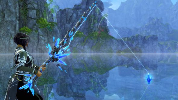 A woman holding a fishing rod made of stone and blue crystals held together by magic. The fishing bobber is a blue crystal that somehow floats on the water. The fishing line composed of a blue, glowing energy.
